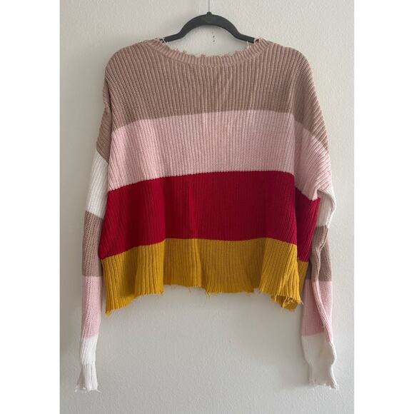 Fate Striped Distressed Raw Hem Low Back Sweater Large - Picture 1 of 8
